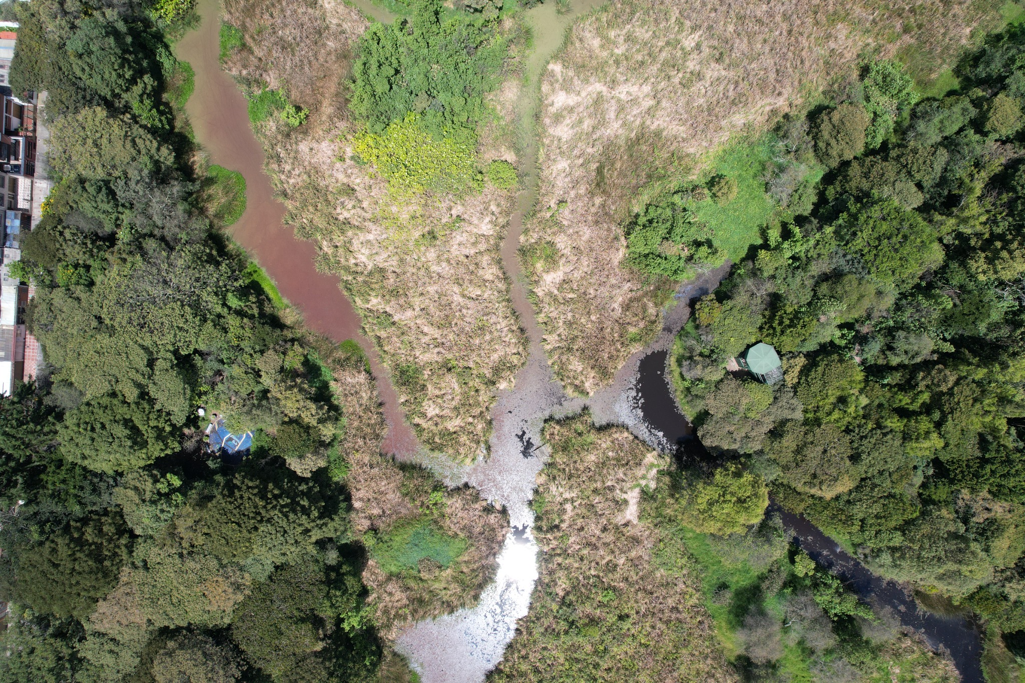 Vista aérea del espejo de agua y los corredores de vegetación del Humedal Santa María del Lago